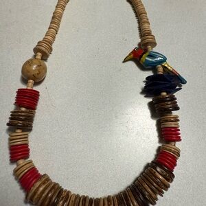 Handmade handcarved Colorful Beaded Necklace with parrot Accent chunky 1970s